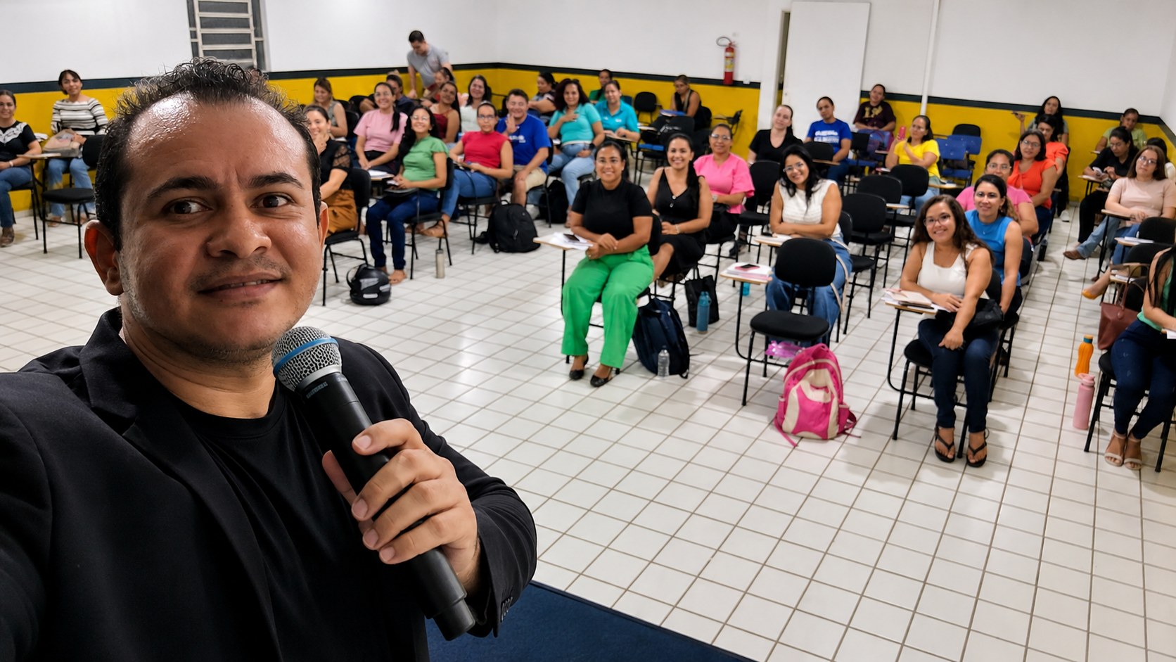 Pablo Anderson Moraes palestrando, retratando sua trajetória de trabalho